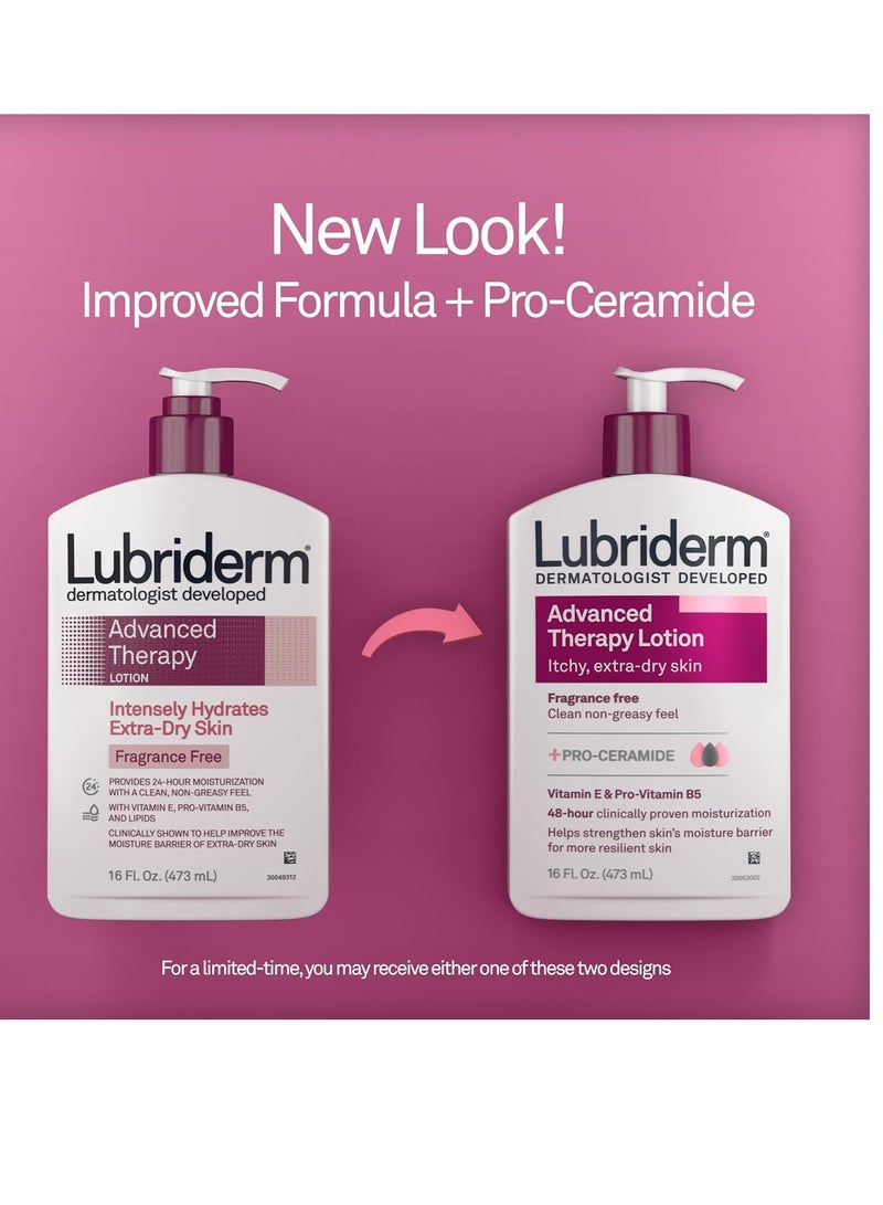 Lubriderm Advanced Therapy Fragrance Free Moisturizing Hand & Body Lotion + Pro-Ceramide with Vitamins E & Pro-Vitamin B5, Intense Hydration for Itchy, Extra Dry Skin, Non-Greasy, 16 fl. oz