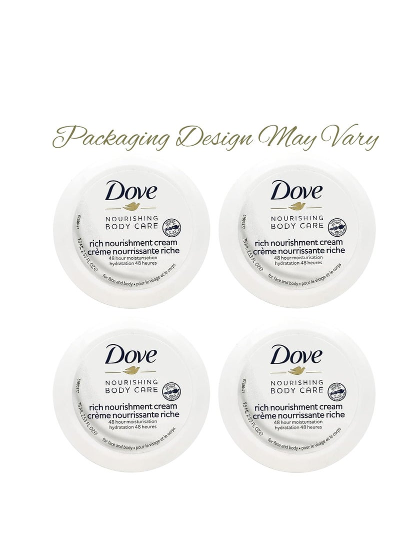 Dove Nourishing Body Care, Face, Hand, and Body Rich Nourishment Cream for Extra Dry Skin with 48-Hour Moisturization, 4-Pack, 2.53 Oz Each Jar