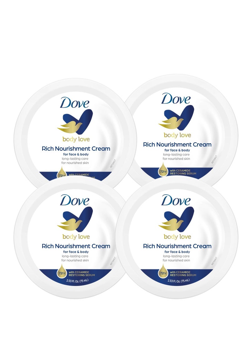 Dove Nourishing Body Care, Face, Hand, and Body Rich Nourishment Cream for Extra Dry Skin with 48-Hour Moisturization, 4-Pack, 2.53 Oz Each Jar