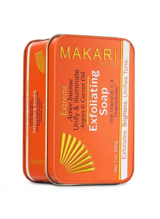 Makari Extreme Active Intense Argan & Carrot Oil Exfoliating Soap (7oz) | Advanced Brightening Bar Soap | With Apricot Seed Extract and Vitamins C & E | Helps Reveal Natural Skin Radiance