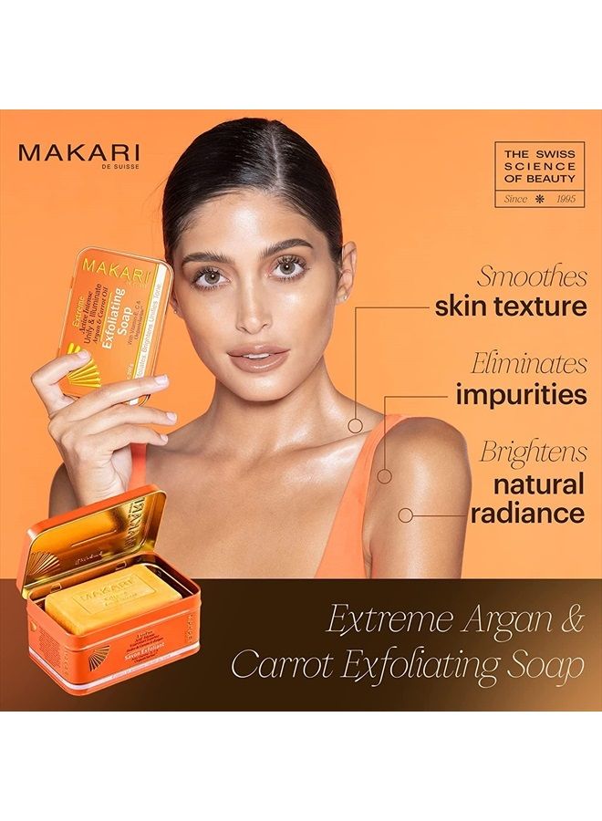 Makari Extreme Active Intense Argan & Carrot Oil Exfoliating Soap (7oz) | Advanced Brightening Bar Soap | With Apricot Seed Extract and Vitamins C & E | Helps Reveal Natural Skin Radiance