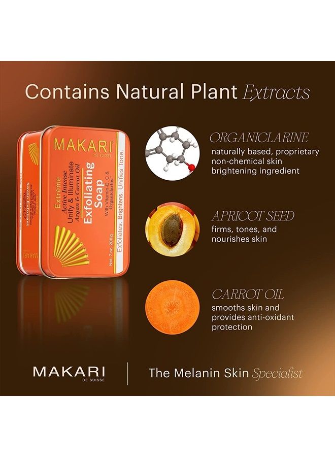 Makari Extreme Active Intense Argan & Carrot Oil Exfoliating Soap (7oz) | Advanced Brightening Bar Soap | With Apricot Seed Extract and Vitamins C & E | Helps Reveal Natural Skin Radiance