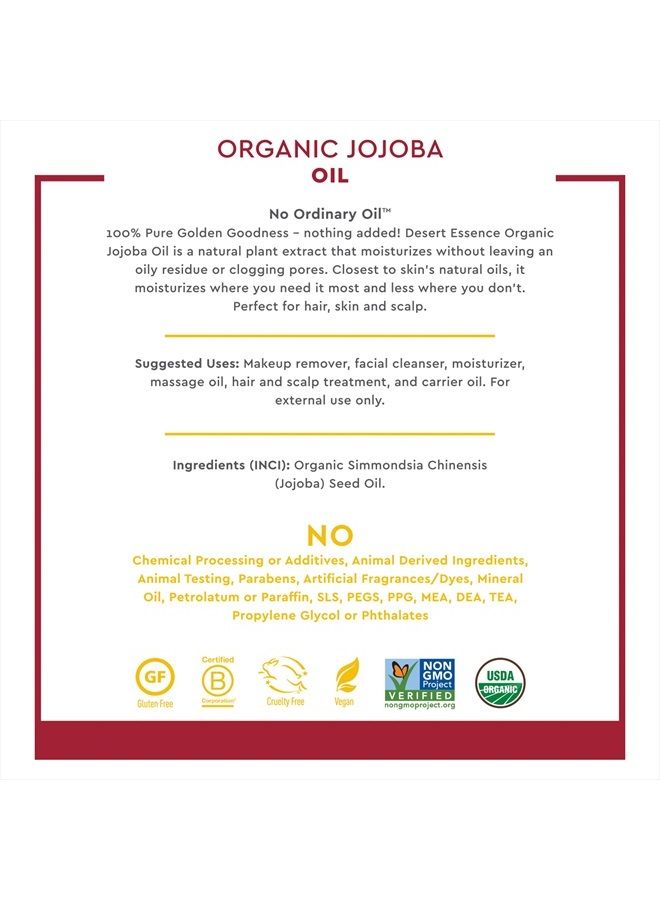 Organic Jojoba Oil, 4 fl oz (Pack of 2) Gluten Free, Vegan, Non-GMO - Pure Natural Plant Extract for Hair, Skin & Scalp - 24 Hours of Mousture with No Greasy Residue or Clogging Pores