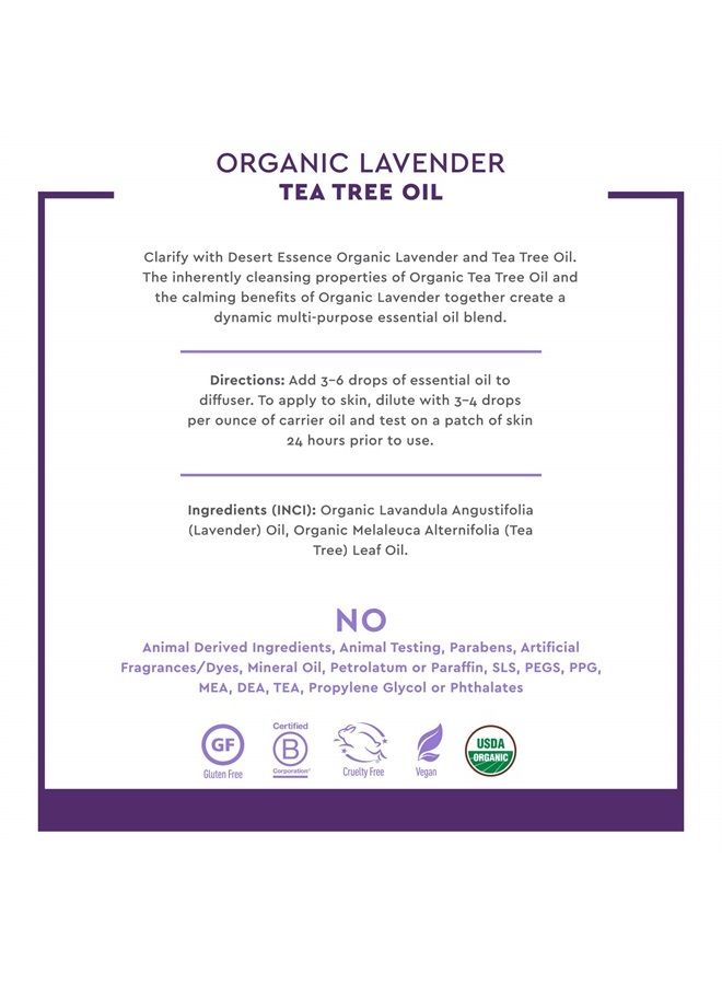 , Organic Lavender Tea Tree Oil 0.5 fl. oz. - USDA Certified Organic, Gluten Free, Vegan - Calming Lavender - Cleansing Tea Tree Oil - Soothes Senses