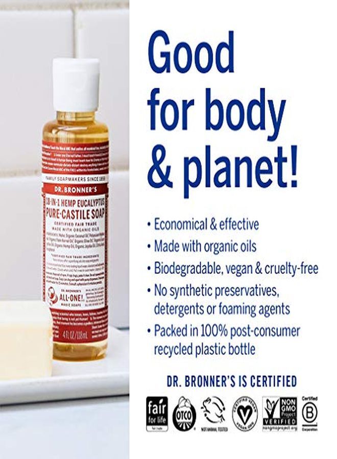 Dr. Bronner'S  Purecastile Liquid Soap (Eucalyptus 4 Ounce)  Made With Organic Oils 18In1 Uses: Face Body Hair Laundry Pets And Dishes Concentrated Vegan Nongmo