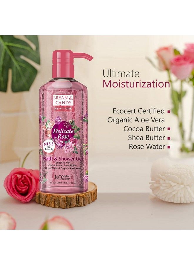 Delicate Rose Bath And Shower Gel Enriched With Cocoa Butter Shea Butter Rose Water Organic Aloe Vera Skin Friendly Ph 5.5 All Skin Types 500 Ml (Pack Of 1)