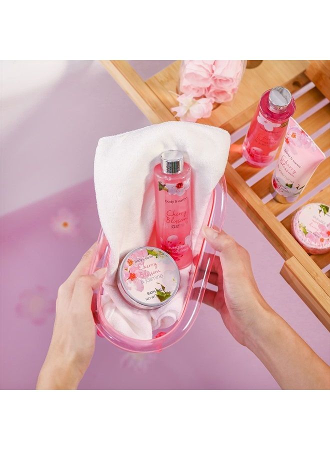 Gift Basket for Women- Spa Body&Earth 8 Pcs Bath Sets with Cherry Blossom&Jasmine Scent Bubble Bath,Shower Gel,Body & Hand Lotion,Bath Salts for Mother's Day Gifts