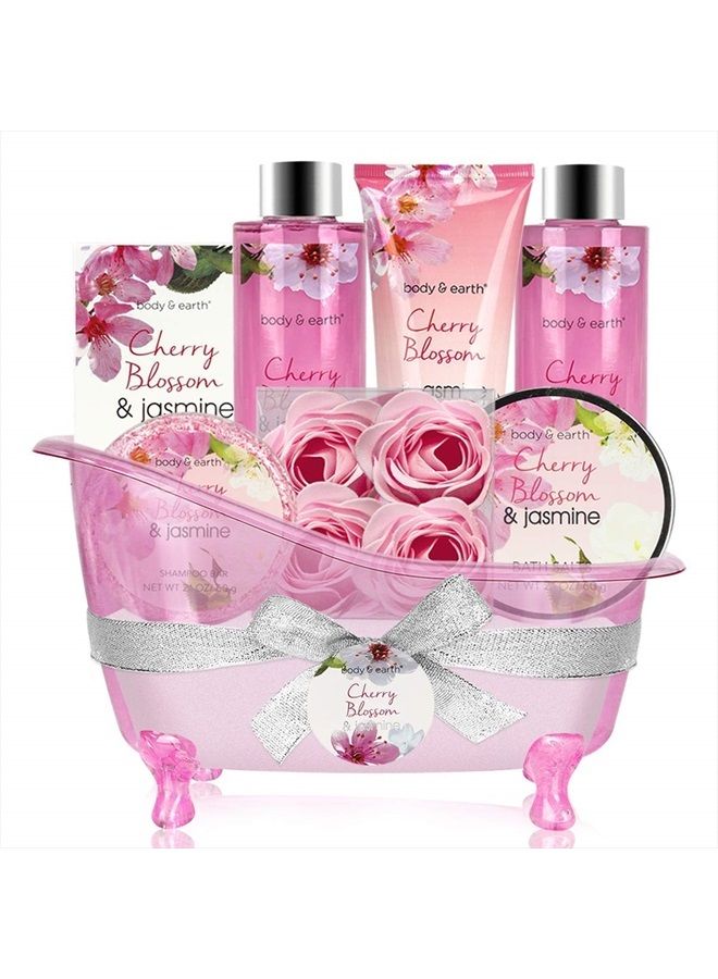 Gift Basket for Women- Spa Body&Earth 8 Pcs Bath Sets with Cherry Blossom&Jasmine Scent Bubble Bath,Shower Gel,Body & Hand Lotion,Bath Salts for Mother's Day Gifts