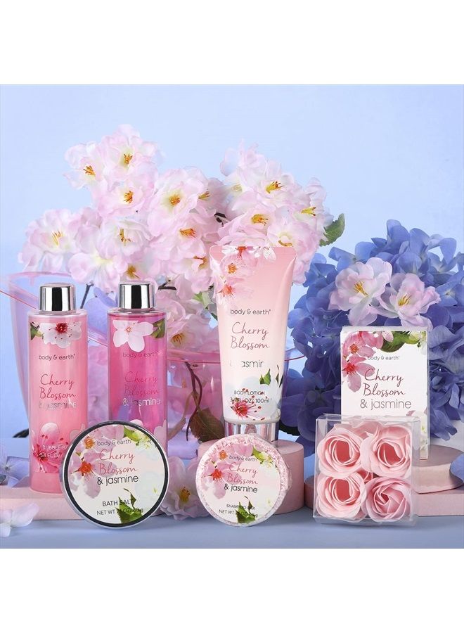 Gift Basket for Women- Spa Body&Earth 8 Pcs Bath Sets with Cherry Blossom&Jasmine Scent Bubble Bath,Shower Gel,Body & Hand Lotion,Bath Salts for Mother's Day Gifts