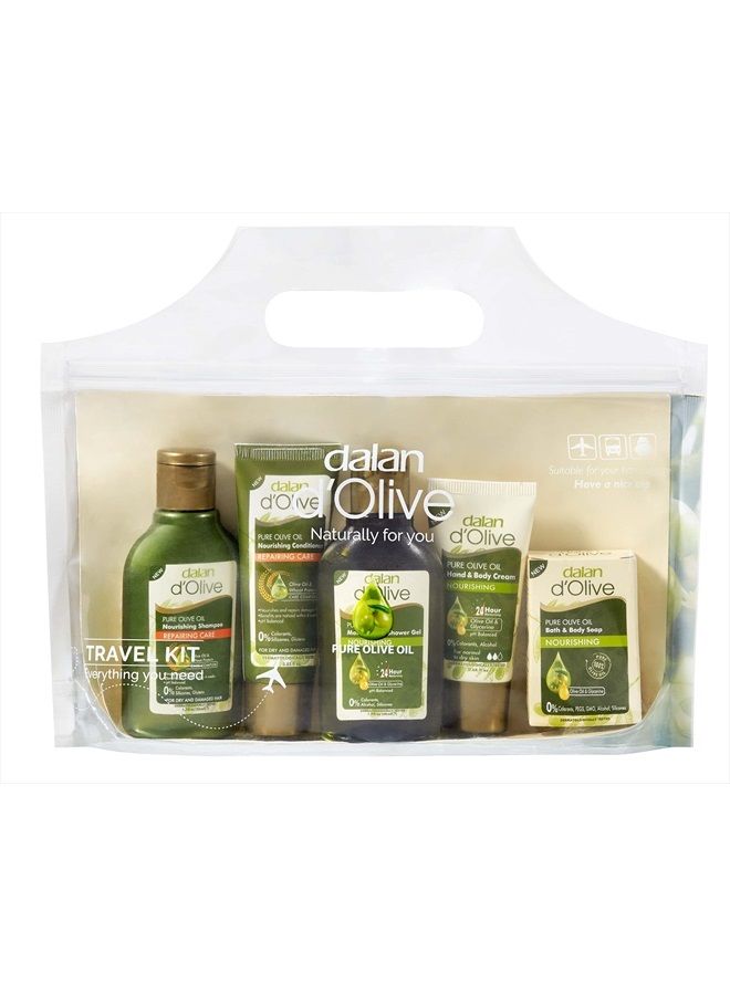 d`Olive Travel Kit, 5 Pieces - Shampoo, Hair Conditioner, Shower Gel, Bar Soap, Hand & Body Lotion