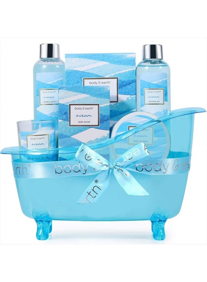 Bath Gift Set for Women, Body & Earth Spa Gift Baskets for Women, 7 Pcs Bath Set Scented with Ocean, Bath and Body Gift Basket, Birthday Gifts for Women