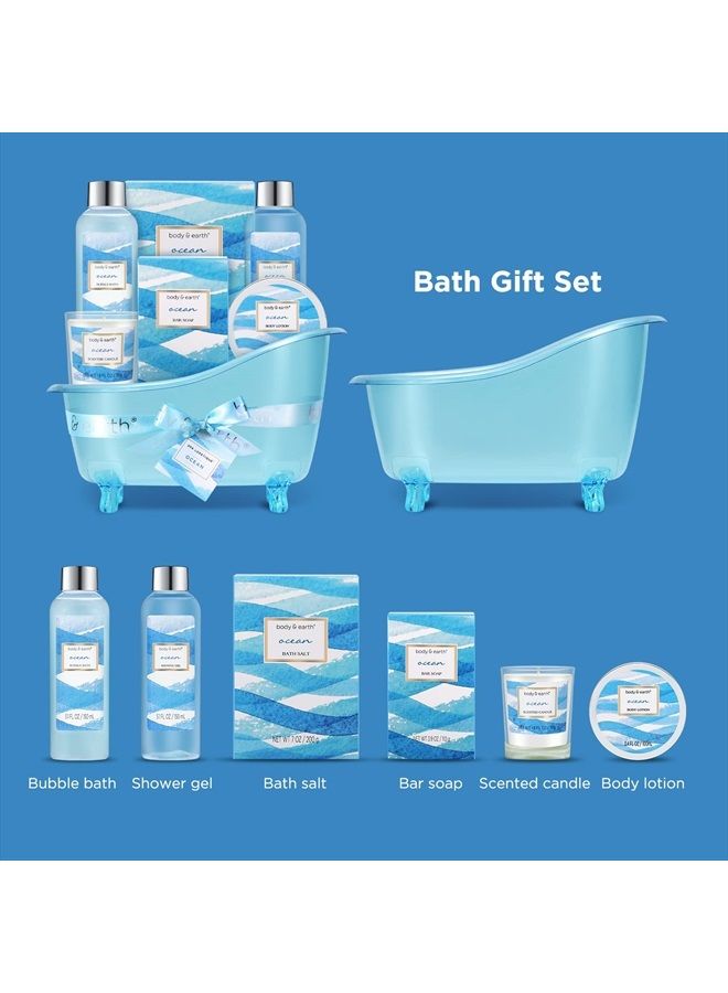 Bath Gift Set for Women, Body & Earth Spa Gift Baskets for Women, 7 Pcs Bath Set Scented with Ocean, Bath and Body Gift Basket, Birthday Gifts for Women