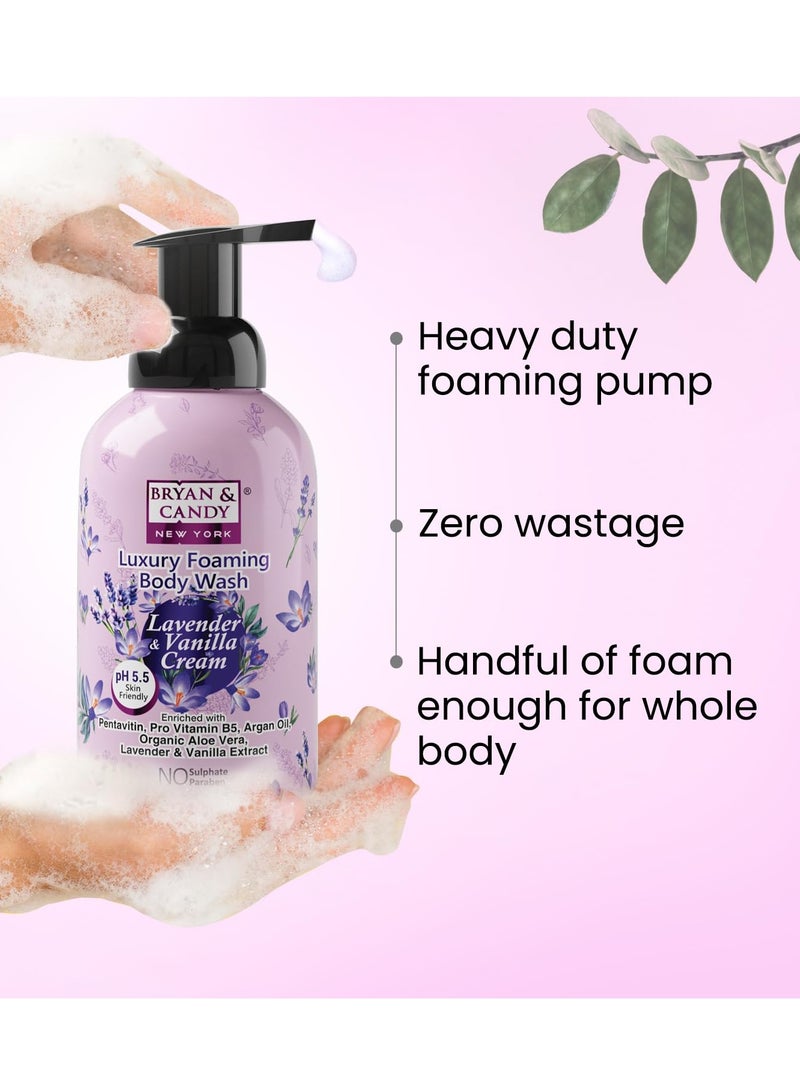 Bryan And Candy Lavender Vanilla Cream Luxury Foaming Body Wash with Pentavitin Pro Vit B5 Argan Oil Lavender Vanilla Extract Skin Friendly pH 5.5 All Skin Types 400Ml