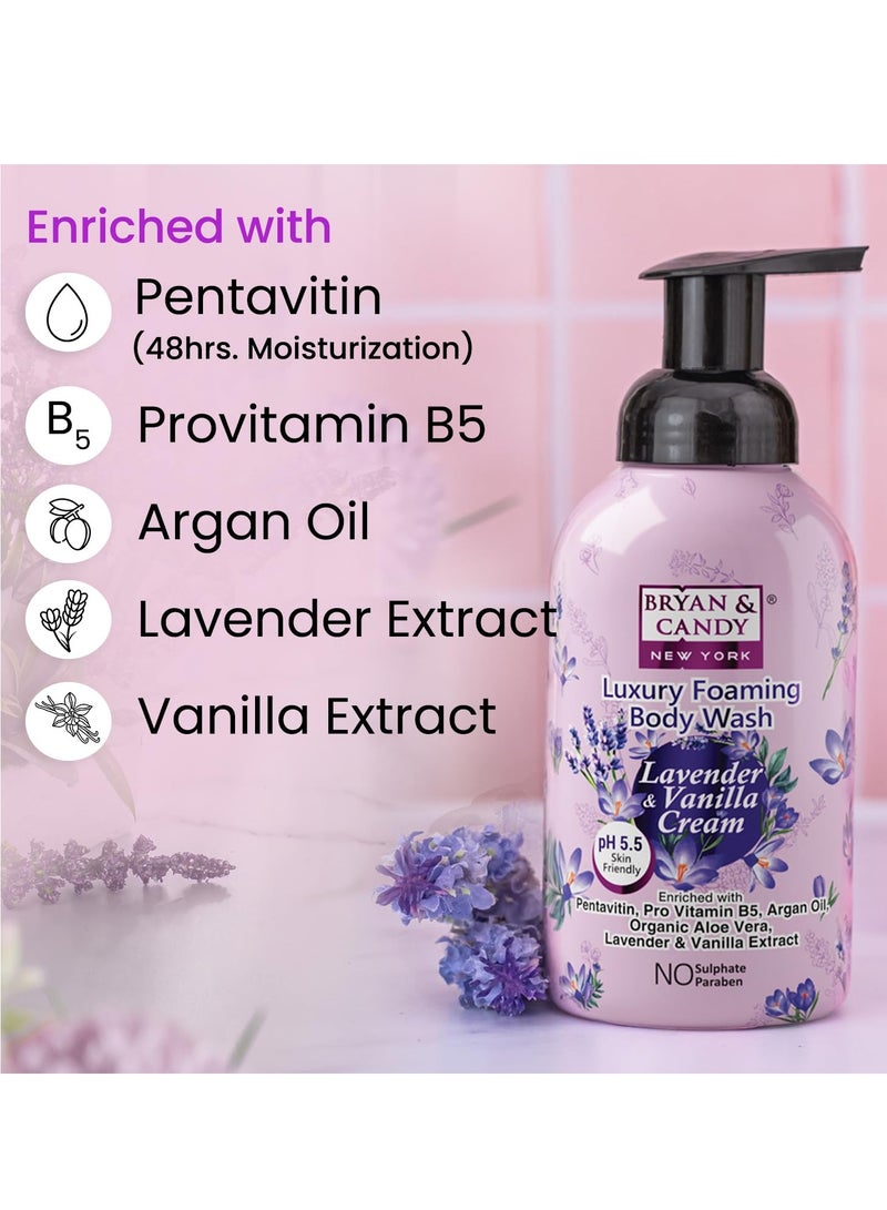 Bryan And Candy Lavender Vanilla Cream Luxury Foaming Body Wash with Pentavitin Pro Vit B5 Argan Oil Lavender Vanilla Extract Skin Friendly pH 5.5 All Skin Types 400Ml