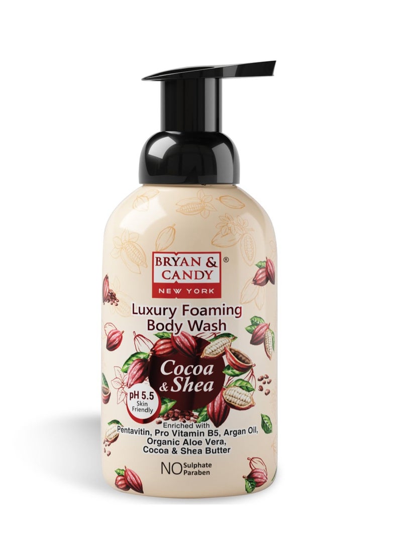 Bryan And Candy Cocoa Shea Luxury Foaming Body Wash with Pentavitin Pro Vit B5 Argan Oil Aloe Vera Cocoa Shea Butter Skin Friendly pH 5.5 All Skin Types 400 Ml