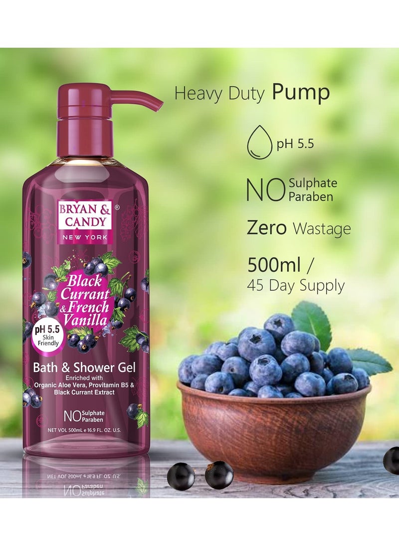 Bryan And Candy Black Currant And French Vanilla Bath And Shower Gel Enriched with Organic Aloe Vera Pro Vitamin B5 Black Currant Extract Skin Friendly pH 5.5 All Skin Types 500Ml Pack of 1