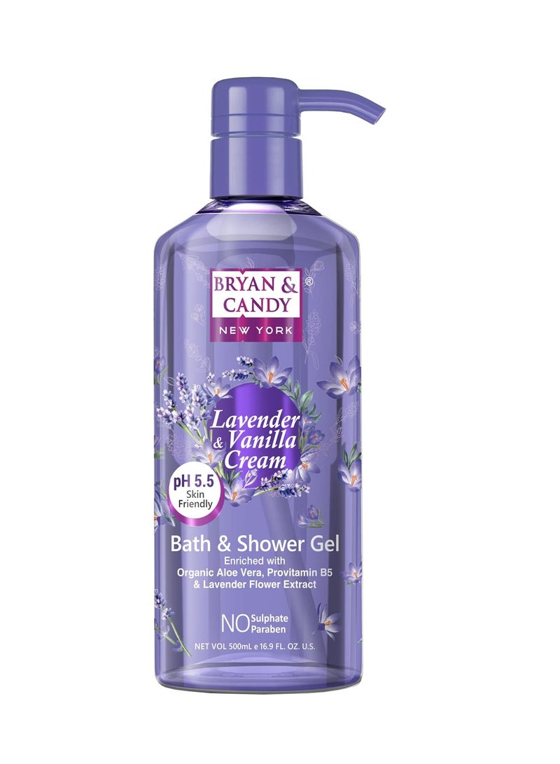 Bryan And Candy Lavender And Vanilla Cream Bath And Shower Gel Enriched with Organic Aloe Vera Pro Vitamin B5 Lavender Flower Extract Skin Friendly pH 5.5 All Skin Types Pack of 1 500ML