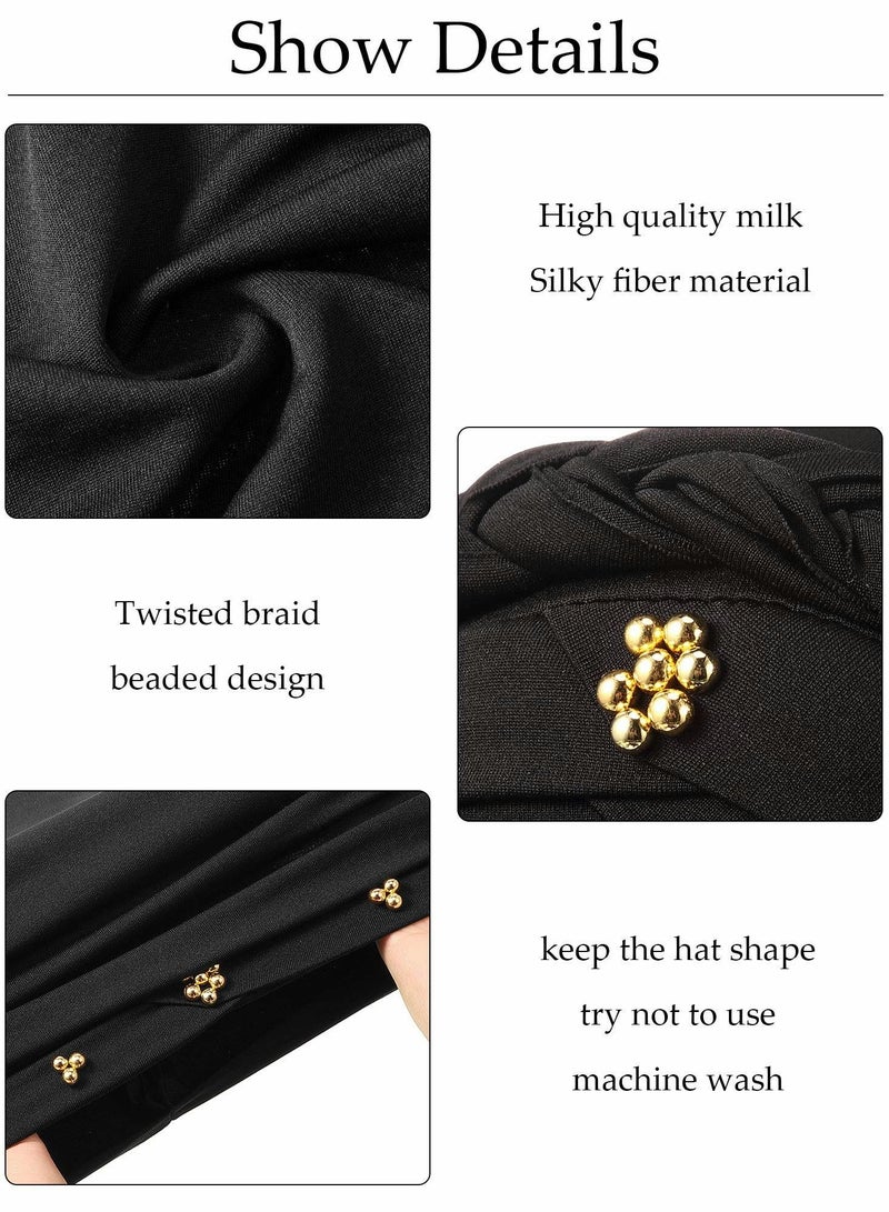 Women Turban Cap Beaded Headscarf Beanie Twisted Braid Wrap Hat Faux Pearl Headwrap 4 Pieces