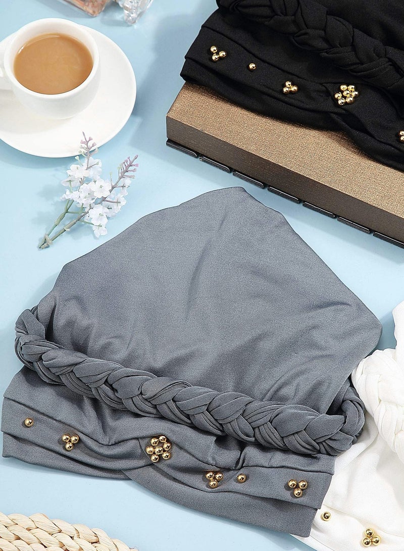 Women Turban Cap Beaded Headscarf Beanie Twisted Braid Wrap Hat Faux Pearl Headwrap 4 Pieces