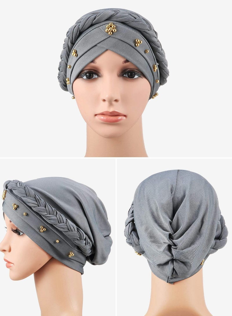 Women Turban Cap Beaded Headscarf Beanie Twisted Braid Wrap Hat Faux Pearl Headwrap 4 Pieces