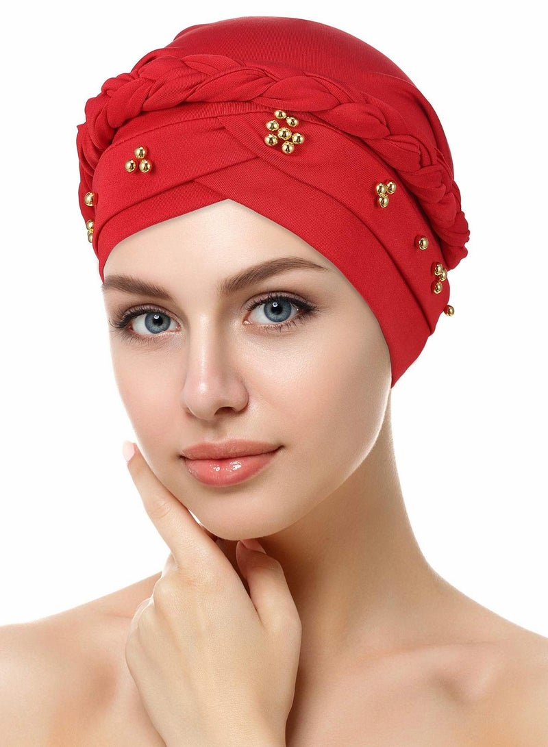 Women Turban Cap Beaded Headscarf Beanie Twisted Braid Wrap Hat Faux Pearl Headwrap 4 Pieces