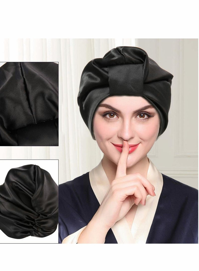 Sleep Cap Turban Hat Non slip Elastic Silk Bonnet, for Woman Girl Curly Long Hair, Satin Sleeping Cap for Hair Women, Oversized Design for All Length Thick Curly Hair (2Pcs)