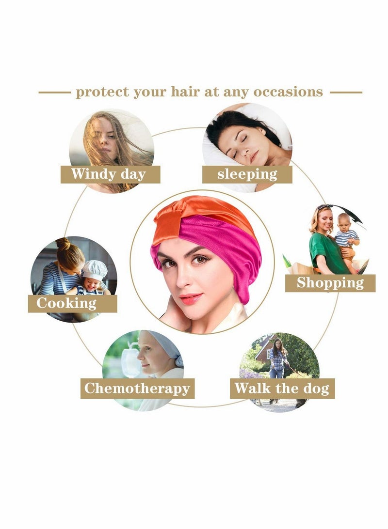 Sleep Cap Turban Hat Non slip Elastic Silk Bonnet, for Woman Girl Curly Long Hair, Satin Sleeping Cap for Hair Women, Oversized Design for All Length Thick Curly Hair (2Pcs)
