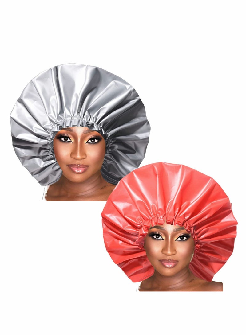 Shower Cap, 4 Packs Jumbo Caps for Women Reusable Waterproof with Adjustable Elastic Band, Long Thick Hair Bath