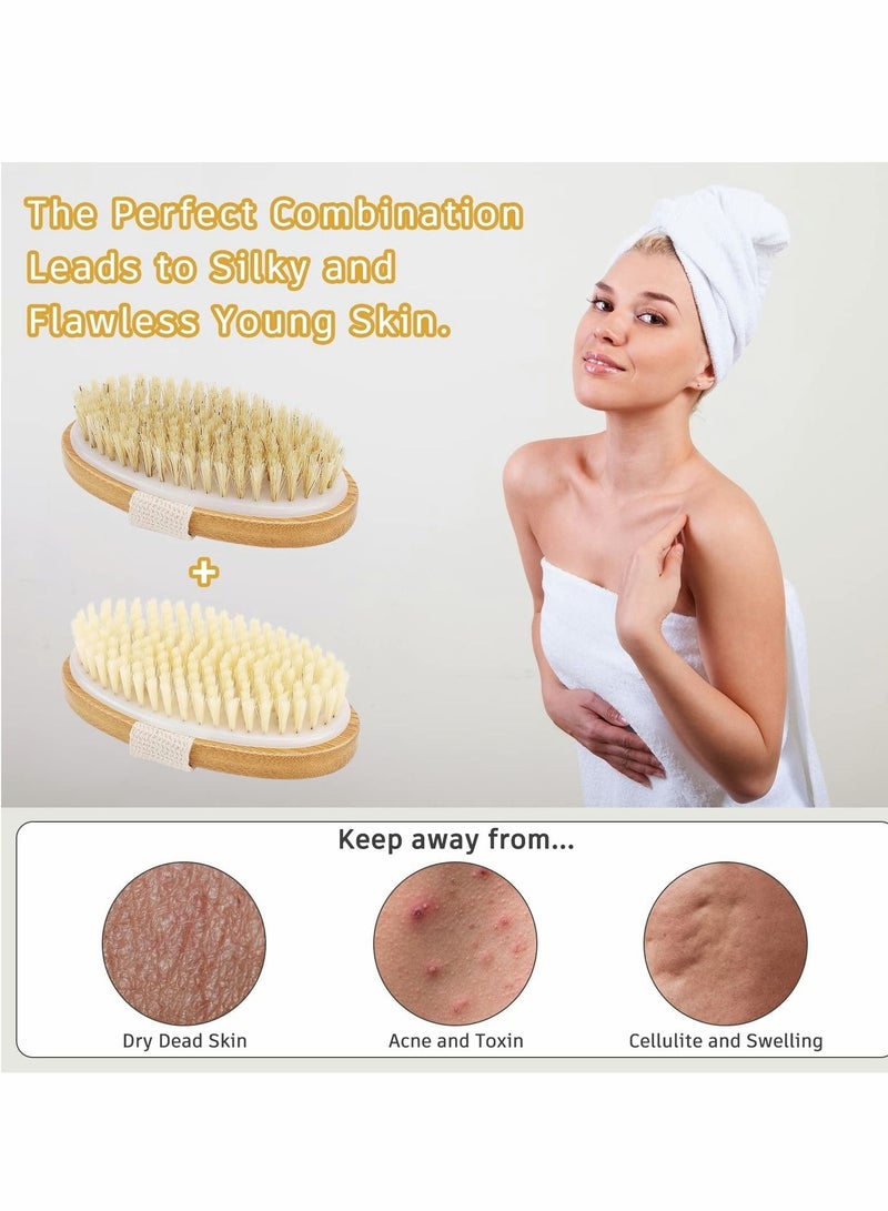 Body Brush Set for Wet or Dry Brushing - Natural Bristle Dry Brush for Exfoliating Skin