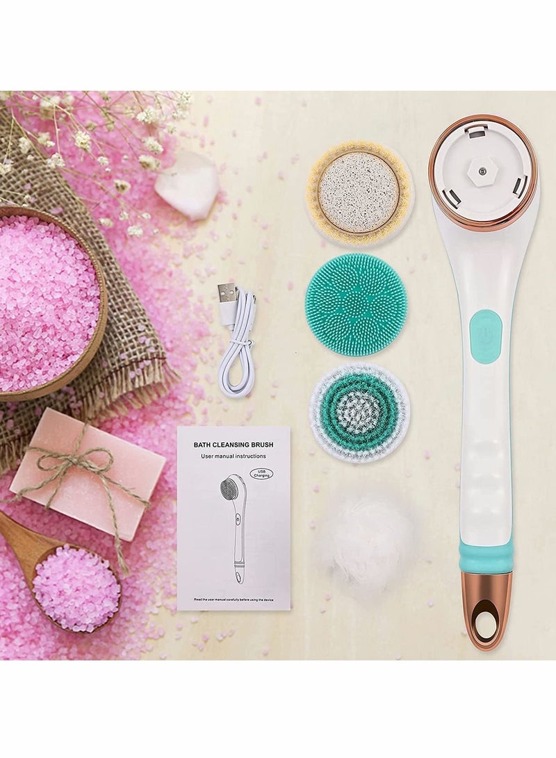 Electric Shower Brush Rechargeable Rotating Long Handle Back Scrubber Suitable for Body Cleansing Exfoliation Waterproof and Non-Slip with 4 Types of Brush Heads (Blue)
