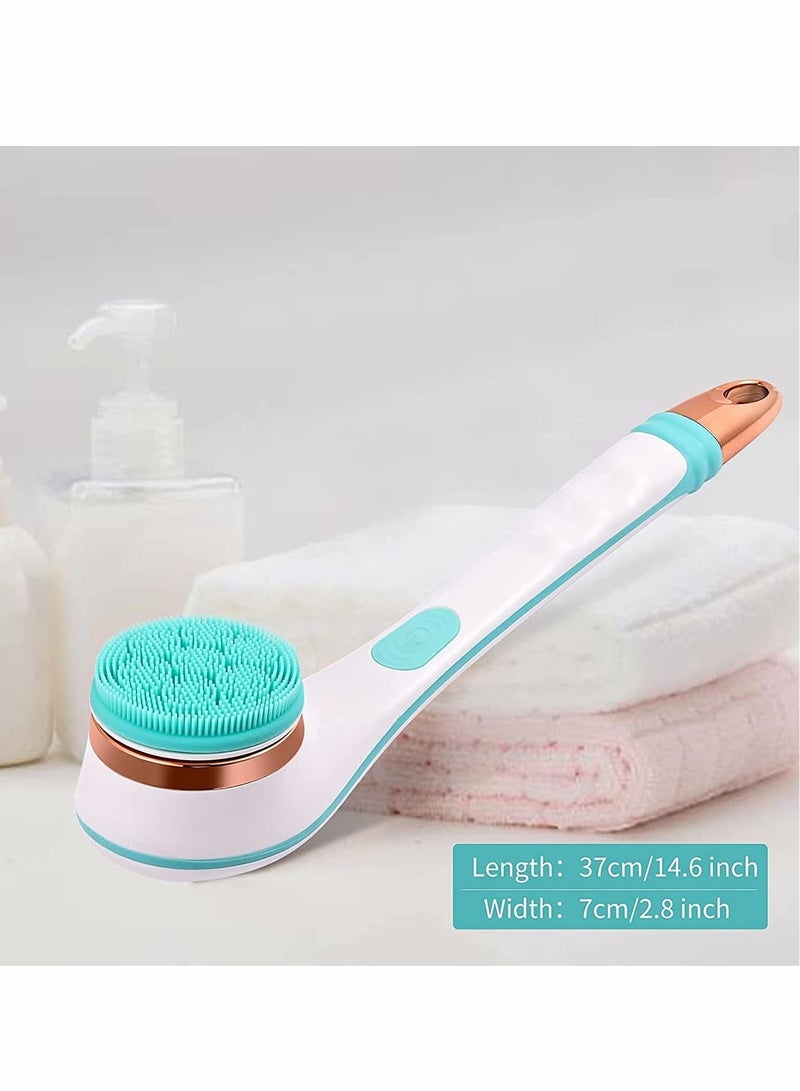 Electric Shower Brush Rechargeable Rotating Long Handle Back Scrubber Suitable for Body Cleansing Exfoliation Waterproof and Non-Slip with 4 Types of Brush Heads (Blue)