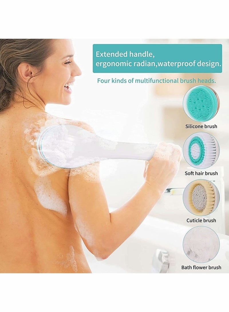 Electric Shower Brush Rechargeable Rotating Long Handle Back Scrubber Suitable for Body Cleansing Exfoliation Waterproof and Non-Slip with 4 Types of Brush Heads (Blue)