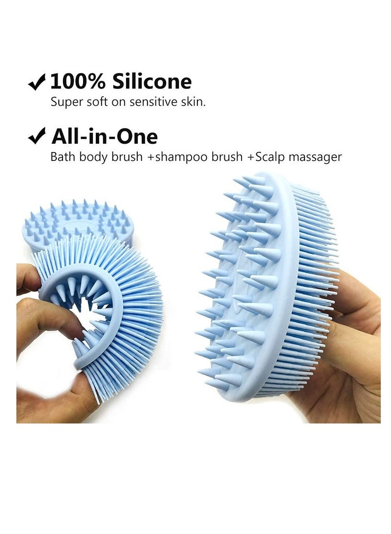 2 In 1 Bath and Shampoo Brush, Shower Silicone Body Scrub, Exfoliating Body Brush, High Quality Silicone Loofah, Scalp Massager, Brush, Wet and Dry, Easy to Clean (2 PCS, Blue, Pink)