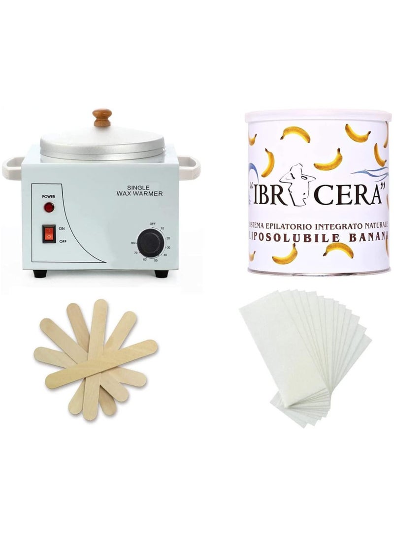 Single Wax Heater Machine Hair Removal Waxing Kit Wax Warmer for Body Hair Removal with 600ml Banana Wax 100 Pcs Wax Paper Strip and 10 Pcs Wood Spatula