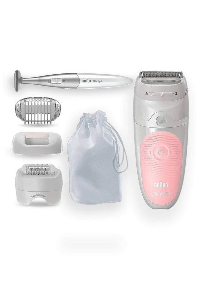 Silk Epil SES 5820 Wet & Dry Epilator + 4 Extras incl. Bikini Styler & Pouch White 19.7x7x26cm