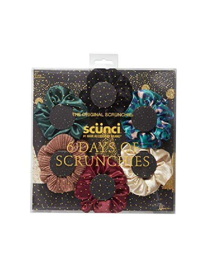 The Original Scrunchie® Six Days Of Scrunchies Fashion Gift Set Includes 6 Unique Designs: Black Velvet Emerald Satin Animal Velvet Burgundy Satin Pink Metallic White Satin In Presentation Box