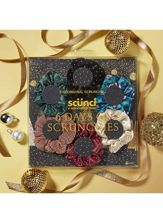 The Original Scrunchie® Six Days Of Scrunchies Fashion Gift Set Includes 6 Unique Designs: Black Velvet Emerald Satin Animal Velvet Burgundy Satin Pink Metallic White Satin In Presentation Box