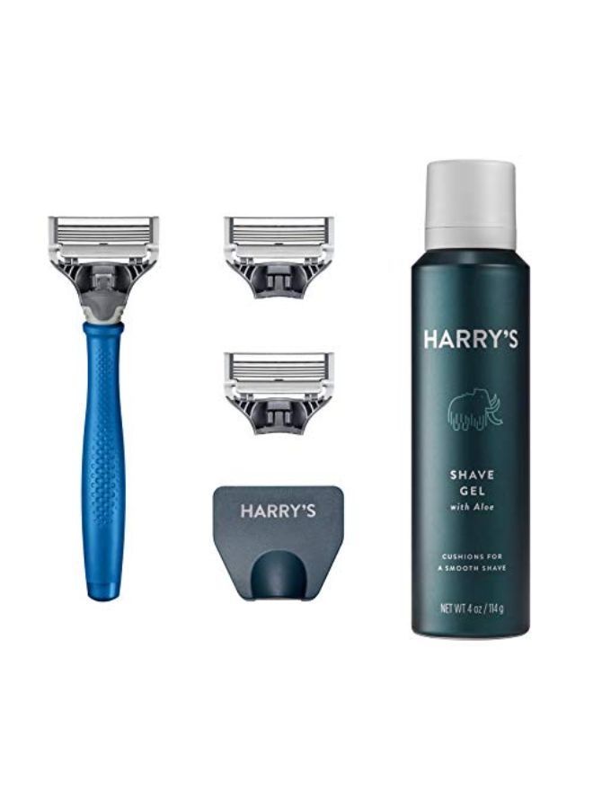 Harry's Razors for Men, 1 Handle (Ocean Blue) and 3 Razor Blade Refills with German Engineered 5-Blade Technology, 4 oz. Foaming Shave Gel, Travel Blade Cover- Holiday Gift for Men