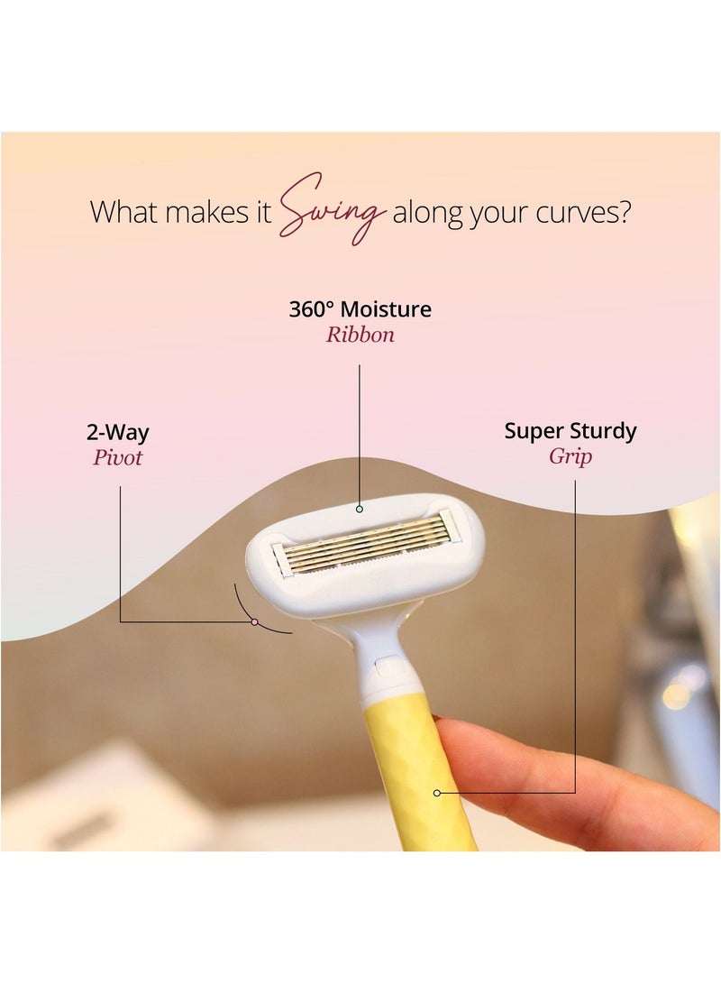 Carmesi Women Body Hair Removal Razor - Painless & Hassle Free Shave - 2 Way Pivot - Aloe Vera Vit E - Smooth 5-Blade Precision - Safe Hygienic  - Diamond Texture Handle - 1 Pc (Yellow Daze)