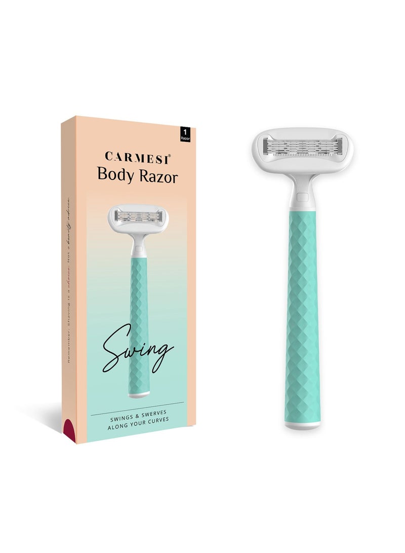 Carmesi Women Body Hair Removal Razor - Painless & Hassle Free Shave - 2 Way Pivot - Aloe Vera Vit E - Smooth 5-Blade Precision - Safe Hygienic  - Diamond Texture Handle - 1 Pc (Aqua Delight)