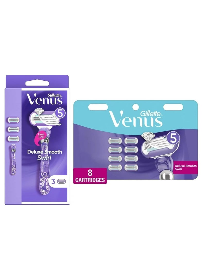 Venus Deluxe Smooth Swirl Women's Razor Handle with 3+8 Razor Blade Refills