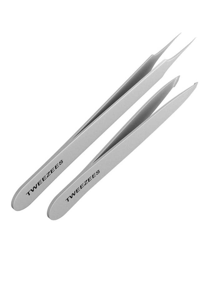 Professional Slant Tip And Splinter Tip Tweezer Set Silver