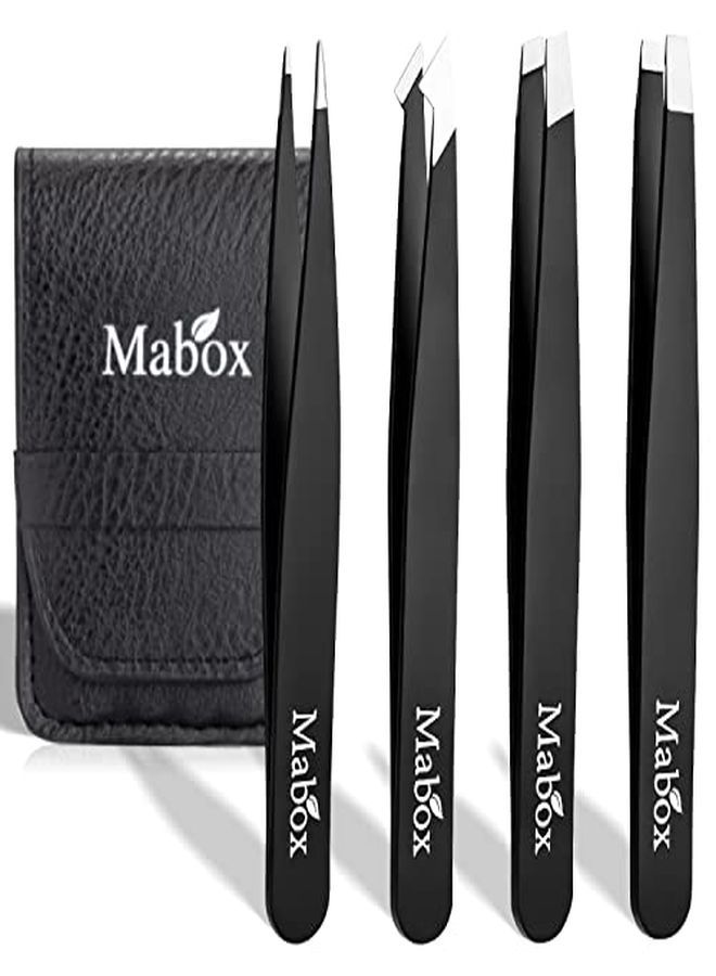 Professional Tweezer Set With Case - 4 Pieces Slanted And Pointed Stainless Steel Tweezer Set, Precision Slant Tweezers For Eyebrows, Facial Hair, Ingrown Hair, Splinter And Blackhead (Black)