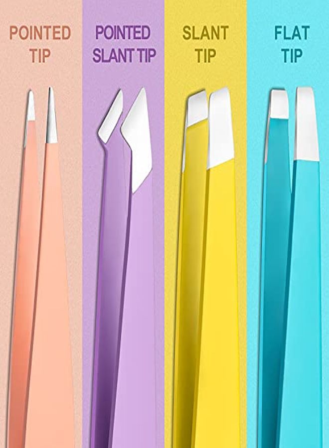 Professional Tweezers Set With Case - 4 Pieces Slanted And Pointed Stainless Steel Tweezers Set, Precision Slant Tweezers For Eyebrows, Facial Hair, Ingrown Hair, Splinter And Blackhead (White)