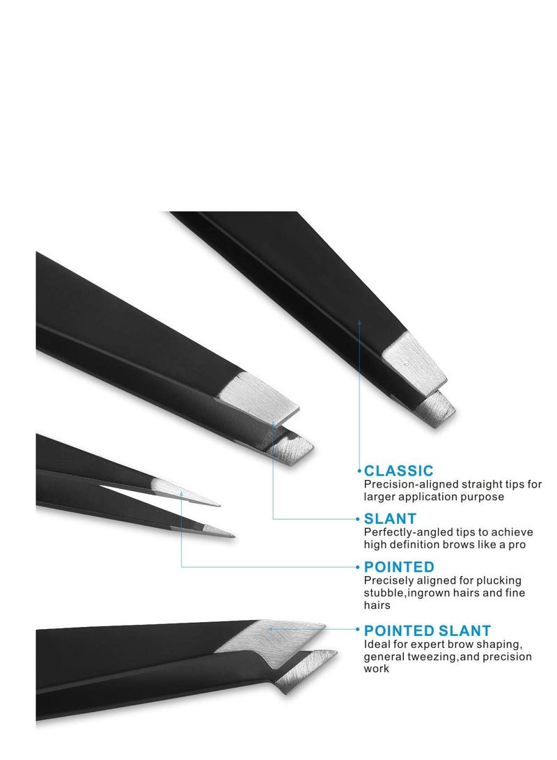 Pefei Tweezers Set - Professional Stainless Steel Tweezers for Eyebrows - Great Precision for Facial Hair, Splinter and Ingrown Hair Removal (Black)