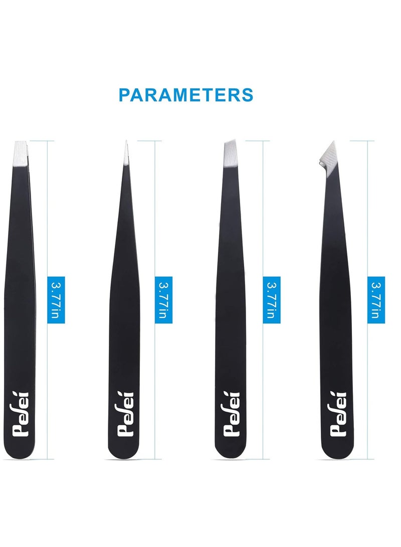Pefei Tweezers Set - Professional Stainless Steel Tweezers for Eyebrows - Great Precision for Facial Hair, Splinter and Ingrown Hair Removal (Black)
