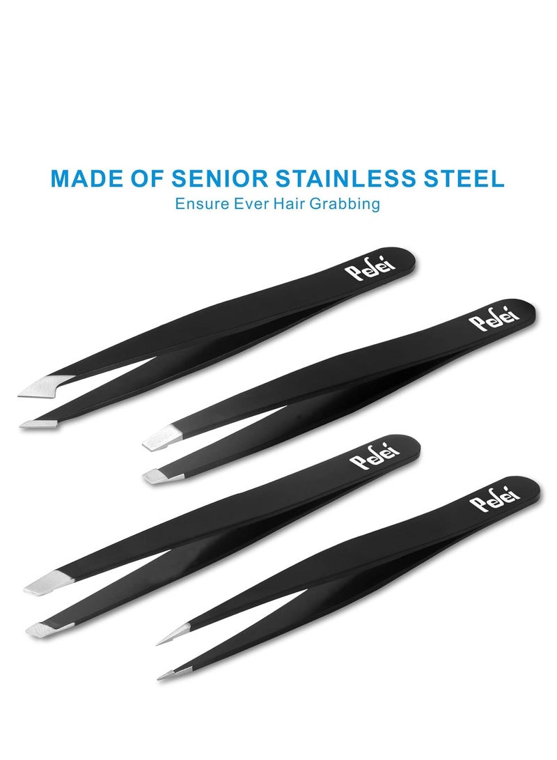 Pefei Tweezers Set - Professional Stainless Steel Tweezers for Eyebrows - Great Precision for Facial Hair, Splinter and Ingrown Hair Removal (Black)