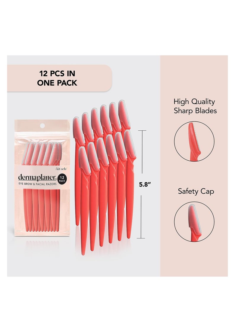 Kitsch Dermaplaning Tool - Face Razors for Women | Eyebrow Razor & Face Shaver | Facial Hair Removal | Facial Razors for Women | Dermaplane Razor for Women Face, 12 pc (Coral)