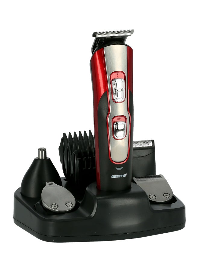 11-IN-1 Rechargeable Grooming Kit- GTR8724, Includes Hair Clipper Head And Beard Trimmer Head Black/Red 6x23.6x16.2cm