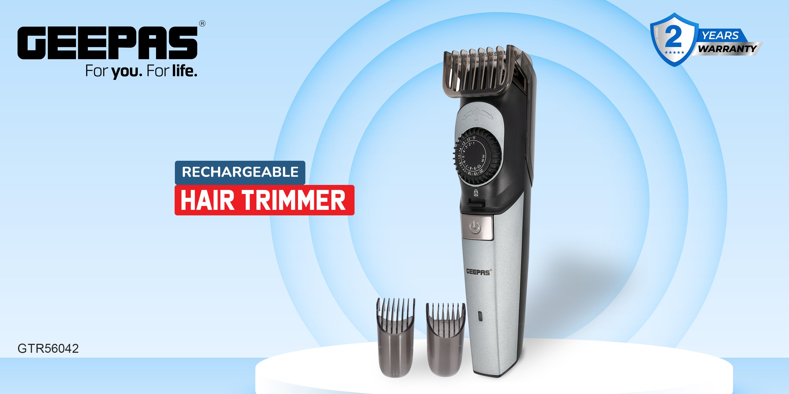 Rechargeable Hair Trimmer ION Battery GTR56042 - Stainless Steel Blade, Hair Clipper And Beard Trimmer With Sharp Blades, USB Charging 2 Comb Different Cutting Length Black